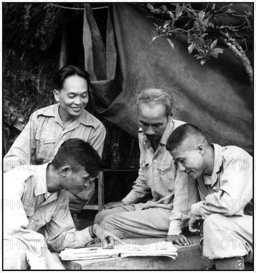 North Vietnamese high command circa 1955. Ngyen Van Giap and right Ho Chi Minh