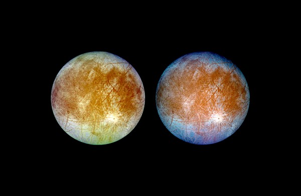 two views of Jupiter's ice-covered satellite, Europa.