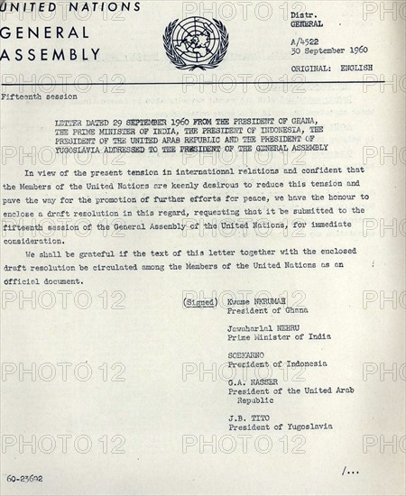 Letter to the President of the United States from Nkrumah, Sukarno, Nasser, Nehru and Tito