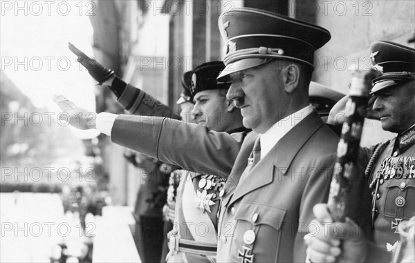 Photograph of Adolf Hitler and Count Ciano saluting on the chancellery balcony, Berlin