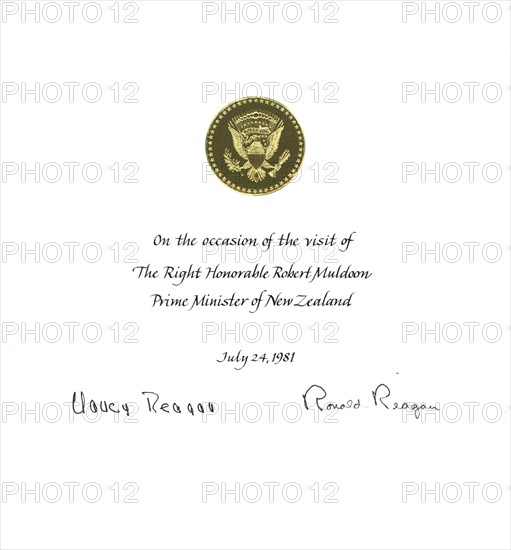 A certificate commemorating Prime Minister Robert Muldoon's visit with President Ronald Reagan and First Lady Nancy Reagan