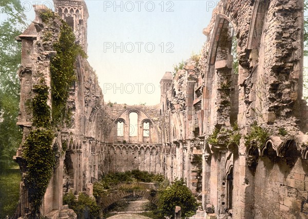 Colour photomechanical print of the ruins of St Joseph's Abbey, Glastonbury, England