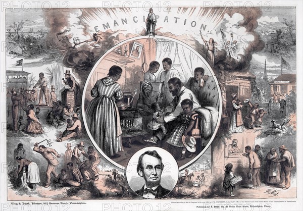 Illustration commemorating the 1965 emancipation of Southern slaves and the end of the American Civil War,
