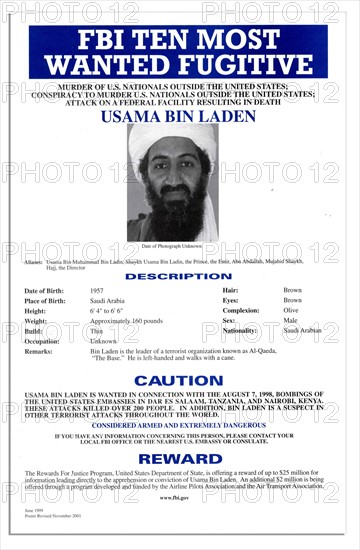 Top Ten Most Wanted notice issued by the FBI for Osama Bin Laden