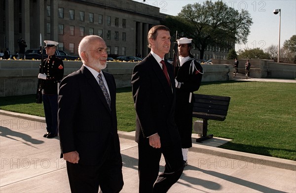 Photograph of King Hussein I, of the Hashemite Kingdom of Jordan, meeting with Secretary of Defense William S. Cohen at the Pentagon