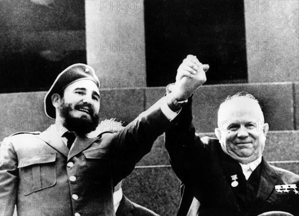 Photograph of Fidel Castro and Nikita Khrushchev in front of the tomb of Vladimir Lenin