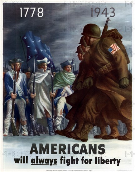 Patriotic poster titled 'Americans will always fight for liberty' by Bernard Perlin