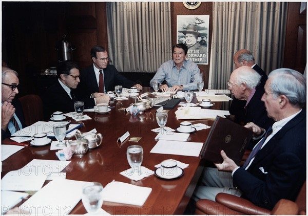 Photograph of President Ronald Reagan holding a National Security Council Meeting on the TWA hijacking
