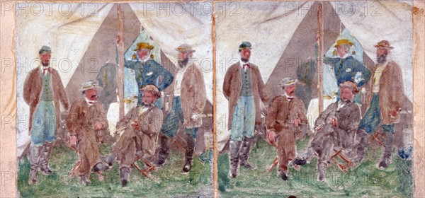 Stereograph showing a group at Secret Service headquarters at Antietam, during the American Civil War 1862