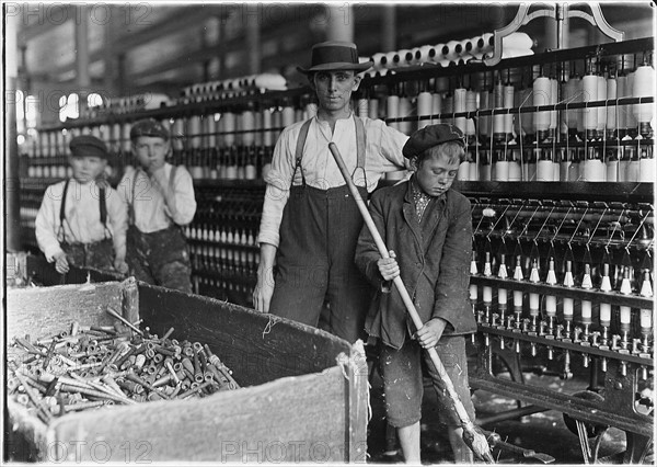 Child labour: Sweeper and doffer boys in Lancaster Cotton Mills, USA 1910
