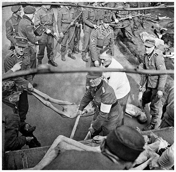 SS guards load victims of Bergen-Belsen concentration camp, into a trucks for burial, 1945