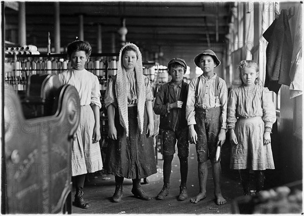 Child Labour: Spinners and doffers in Lancaster Cotton Mills, USA. 1910