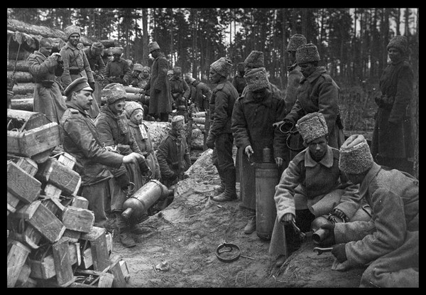 Russian soldiers prepare for a gas attack against German positions, during world war one in 1916