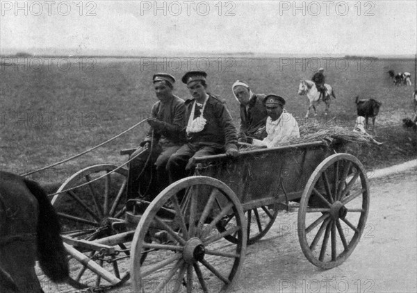 Russian soldiers taken from a battle font, for treatment , during world war one in 1915