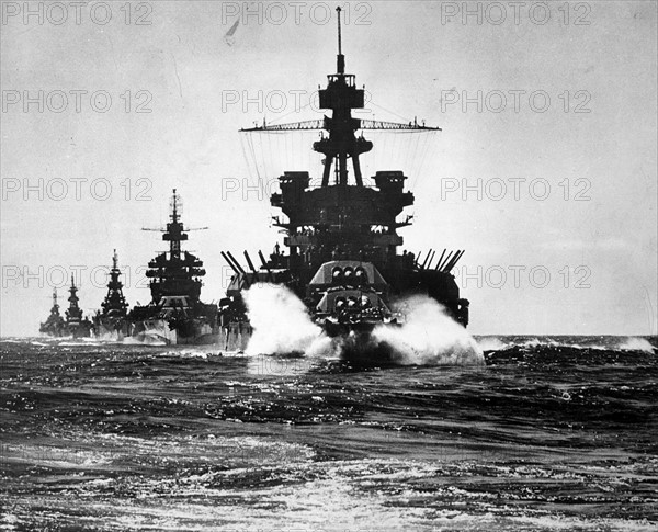 USS Pennsylvania followed by three cruisers in the Philippines, during World War two. 1945