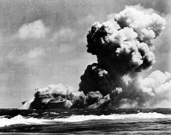 World war two: USS Wasp CV 7, burning after being hit by Japanese torpedoes 1942