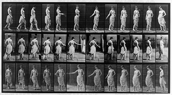 Thirty-six consecutive images of partially nude woman walking and turning. Eadweard Muybridge