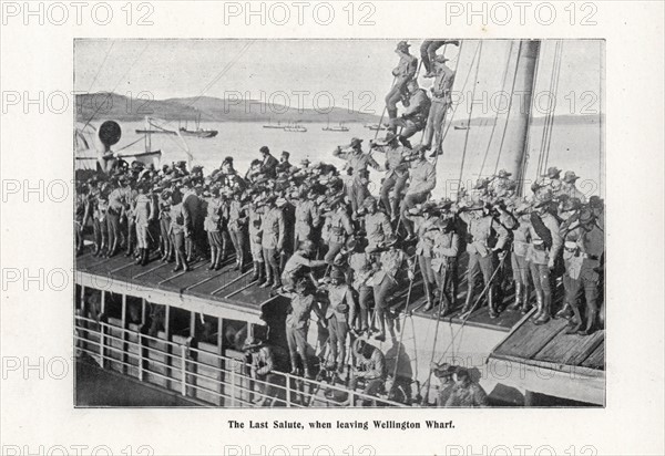 The Last Salute, when leaving Wellington Wharf, New Zealand for the boer war in South Africa 1900