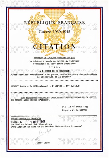 Certificate confirming the award to Audie Murphy by France, of the Croix de guerre