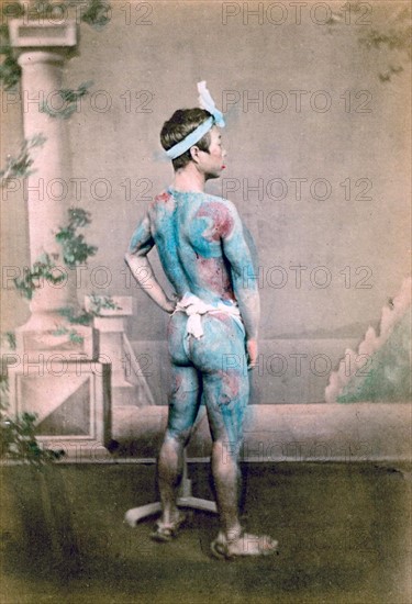 felice beato; Photograph of a Japanese warrior or Samurai with body tattoos