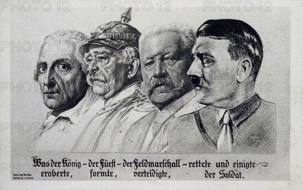 Image of German leaders, left to right. Fredrick the great, Otto von Bismarck, Paul von Hindenburg Adolf Hitler