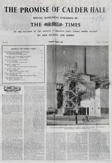 Newspaper article about Britain opening it's first nuclear power plant.
