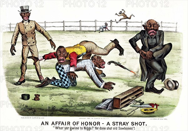 Colour illustration by Currier and Ives titled 'An Affair of Honor - a Stray Shot