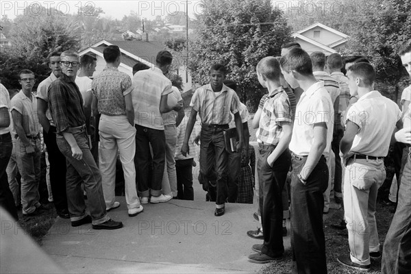 African-american student is jeered as he tries to enter school in Clinton, Tennasee, USA,