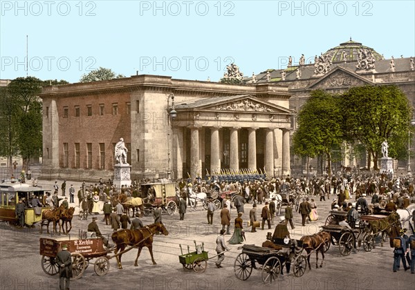 Horse drawn carriages and tram in Berlin, 1890