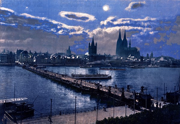 General view, by moonlight, Cologne, the Rhine, Germany 1890