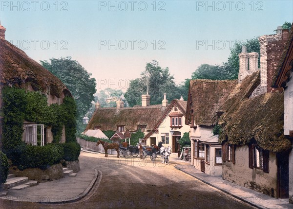 thatched houses and horse drawn carriages in Shanklin, old village