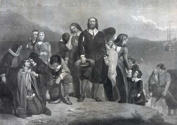 Illustration of the departure of the pilgrim fathers, for America