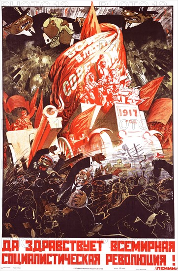Russian Soviet propaganda poster marking the 1917 revolution showing fleeing bankers