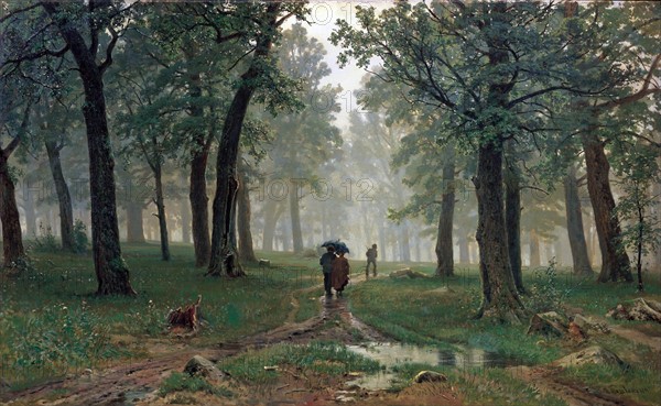 Painting by Ivan Shishkin titled 'Rain in an Oak Forest'