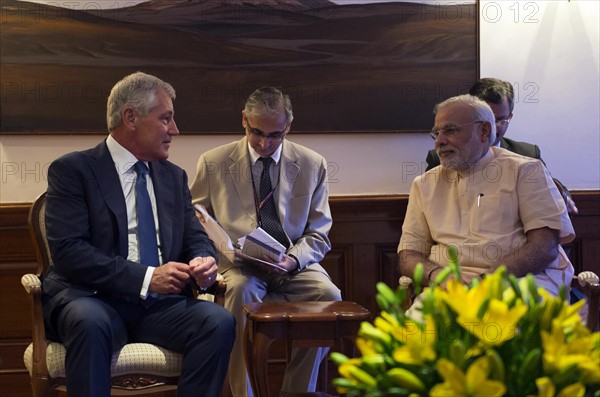 Photograph of United States Secretary of Defense Chuck Hagel meeting with Prime Minister Narendra Modi