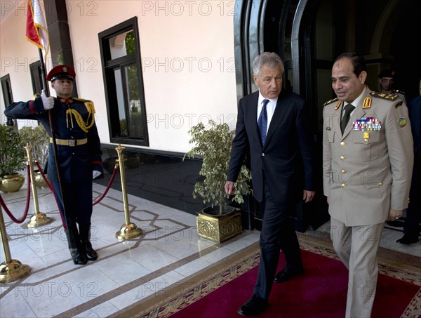 Photograph of United States Secretary of Defense Chuck Hagel meeting with Egyptian Defense Minister Abdel Fattah Saeed Al Sisi in Cairo