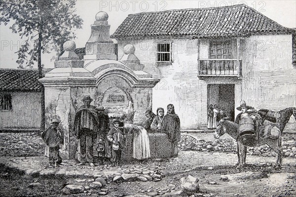 Engraving depicts an courtyard in Bogotá, the capital of Colombia and Cundinamarca Department