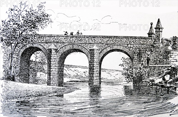 Engraving depicts the Bridge of the Common over the Funza River or Bogotá River, Province of Bogotá