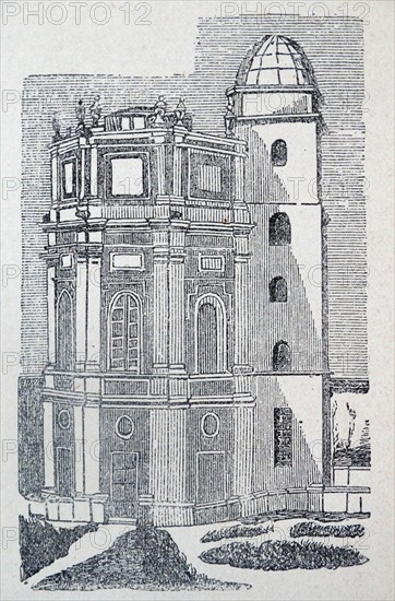 Engraving depicting the Astronomical observatory in Bogotá