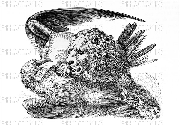 Engraving of a Lion attacking a vulture