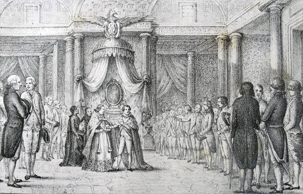 Illustration depicting King Joseph Napoleon swearing on the Constitution of Bayonne
