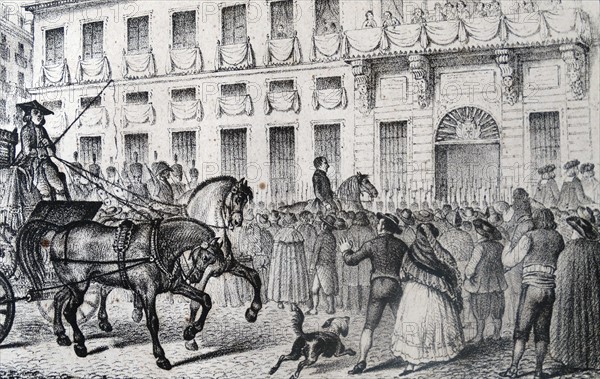 Illustration depicting the entrance of French soldiers into Madrid during the Peninsular War