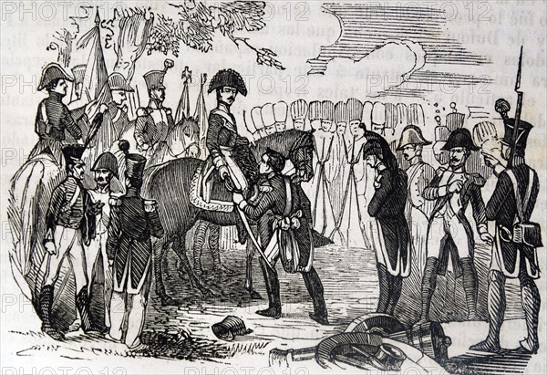 Surrender by France at the Battle of Bailén, General Pierre Dupont de l'Étang handing his sword