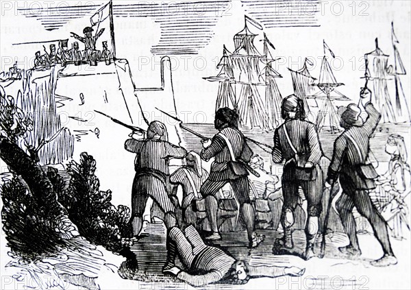 Engraving depicting the landing of French troops in Montgat