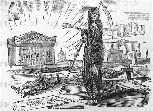 Engraving depicting the Grimm Reaper in Zaragoza during the Peninsular War