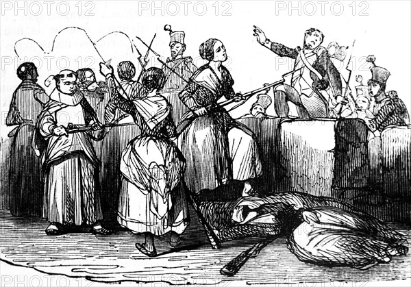 Engraving depicting a company of Gerona women rejecting the French in the wall