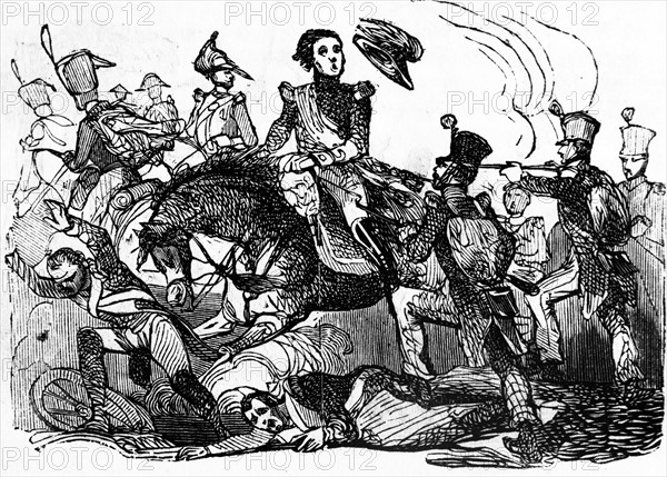 Engraving depicting a battle scene during the Peninsular War