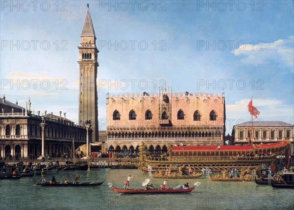 Painting titled 'The Bucintoro at the Molo on Ascension Day' by Giovanni Antonio Canal