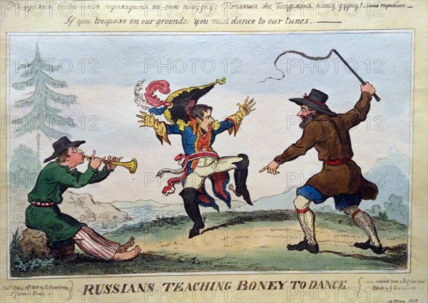 Hand-coloured etching titled 'Russians Teaching Boney to Dance' by Ivan Ivanovitch Terebenev