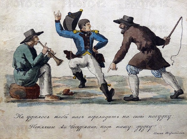 Hand-coloured etching titled 'Russians Teaching Boney to Dance' by Ivan Ivanovitch Terebenev